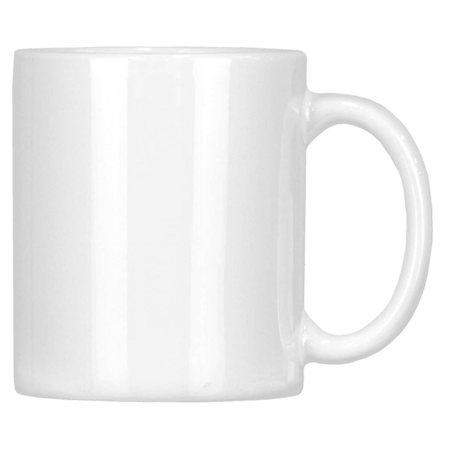 A white sublimation ceramic mug, 325ml, presented in a box, featuring a handle and a smooth surface.