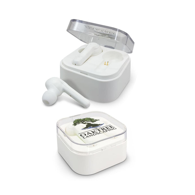 White Bluetooth earbuds in a transparent case, featuring a logo on the front.