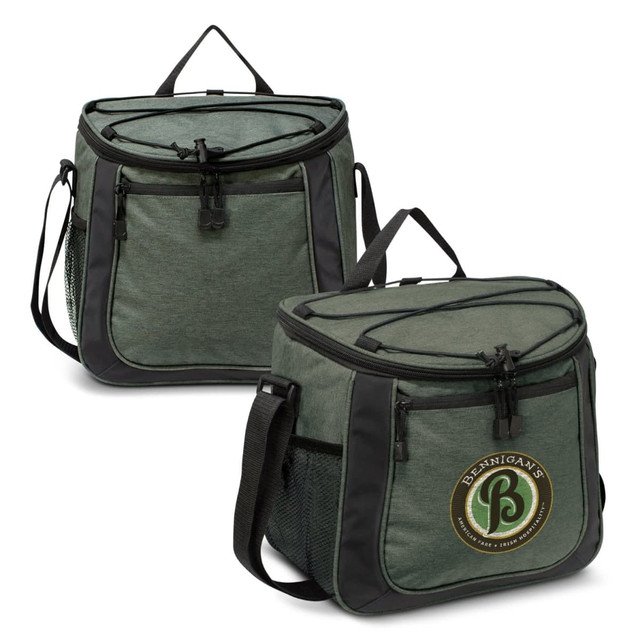 A green cooler bag with a zippered top, featuring a logo and a shoulder strap. It includes side mesh pockets.