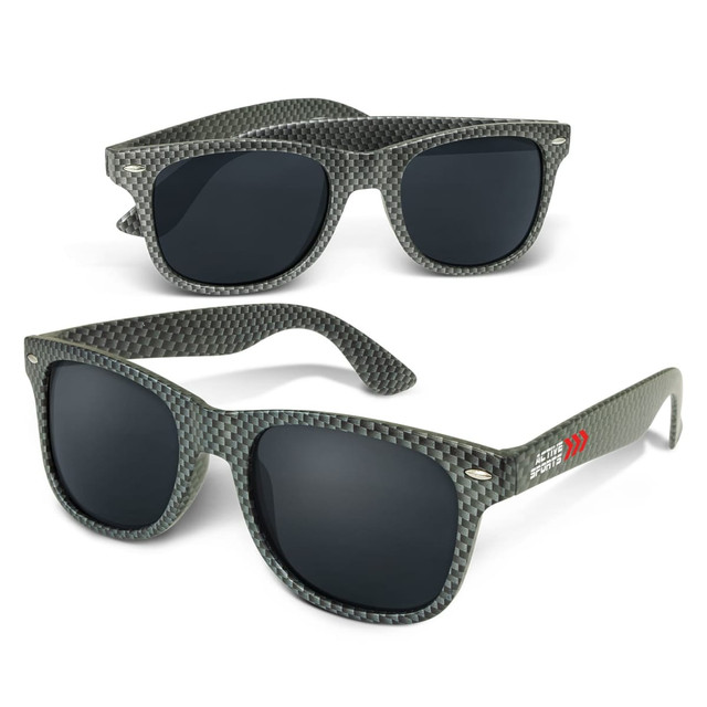Two pairs of grey carbon fibre sunglasses with dark lenses, featuring a logo on the side.