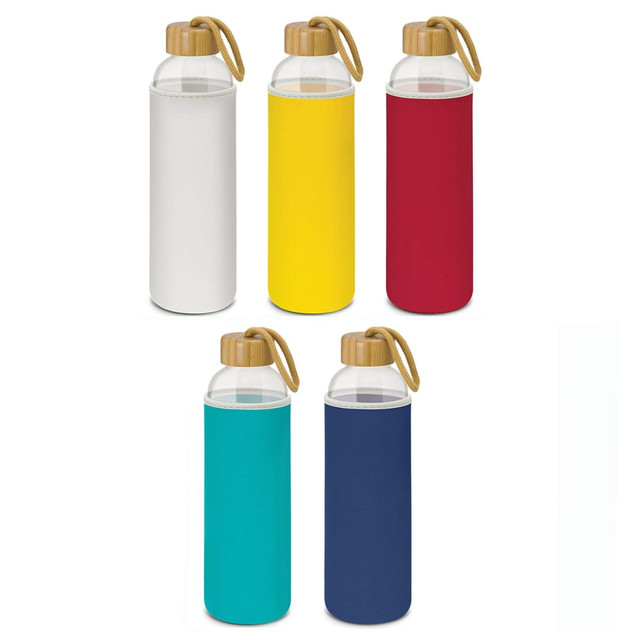 A drink bottle collection featuring glass bottles with neoprene sleeves in white, yellow, red, teal, and navy, each with a bamboo lid.
