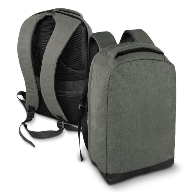 A green anti-theft backpack with padded shoulder straps and a sleek design, featuring a logo on the front.