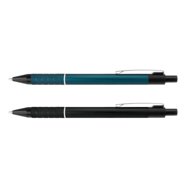 A metal pen set featuring a teal pen and a black pen with textured grips and clips, both with branding.
