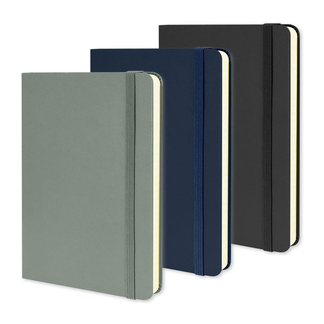 A set of three Moleskine Classic Hard Cover Notebooks in green, navy, and black with elastic closures.