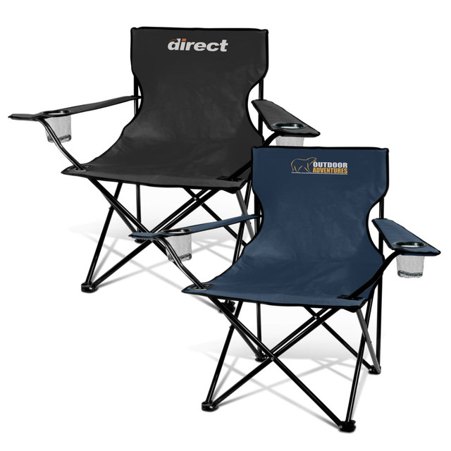 Two folding chairs are displayed: one in black with a logo and another in navy blue with branding. Each features cup holders.