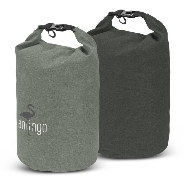Two 10L dry bags in green and dark green, featuring a logo on one. Both have secure top closures.