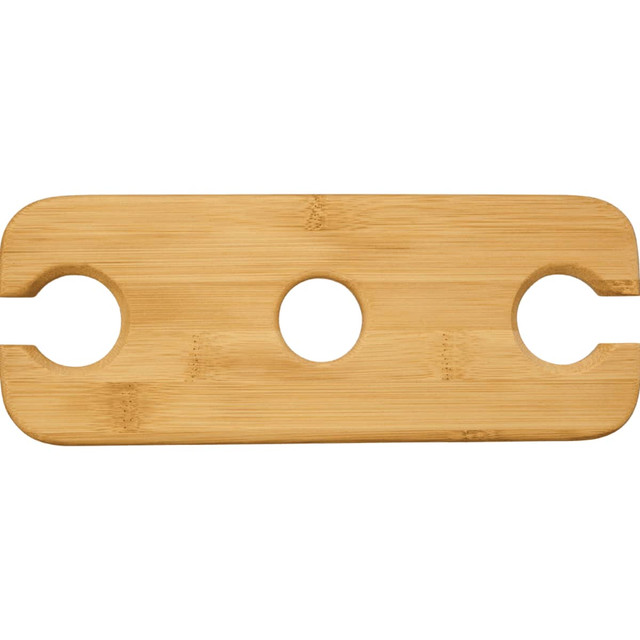 A bamboo wine bottle and glass carrier featuring two circular cutouts for glasses and one for a bottle.