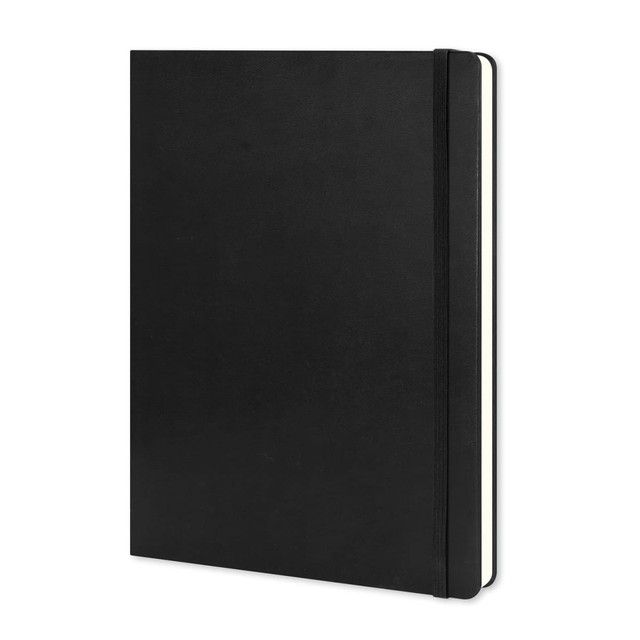 A black Moleskine Classic Hard Cover Notebook in extra large size, featuring a logo and an elastic closure.