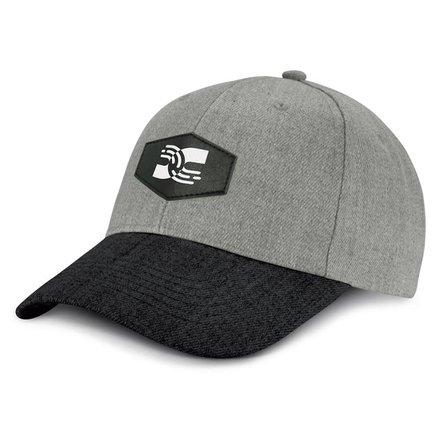 A grey cap with a black peak, featuring a patch with a logo on the front.
