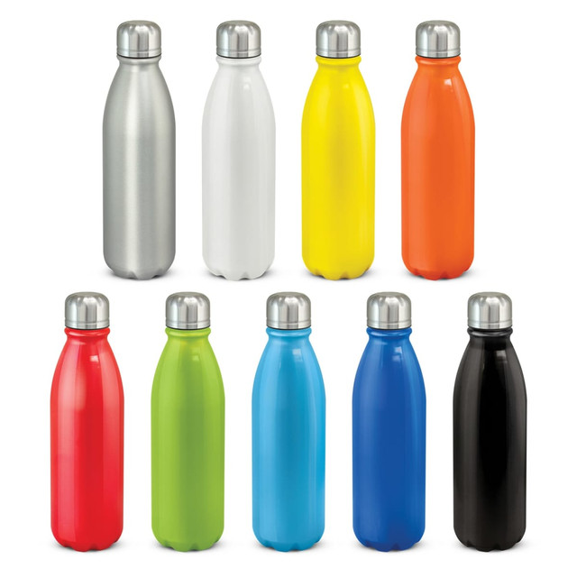 A drink bottle collection featuring metallic silver, white, yellow, orange, red, green, blue, and black options with metallic caps.
