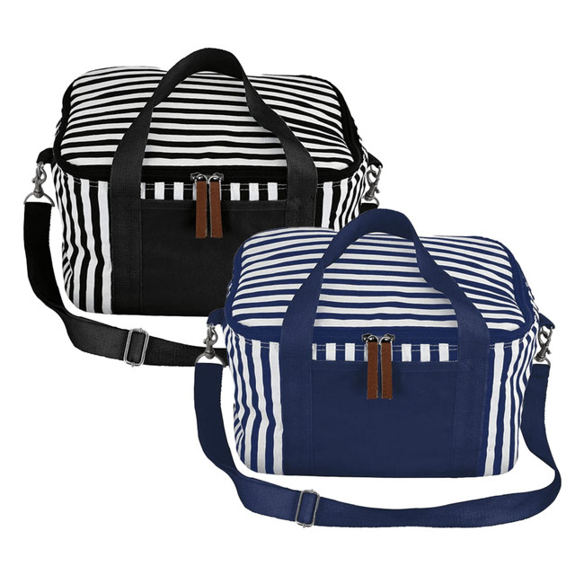 Striped cotton canvas cooler bags in black and navy blue with zip closures and handles. Features a logo.