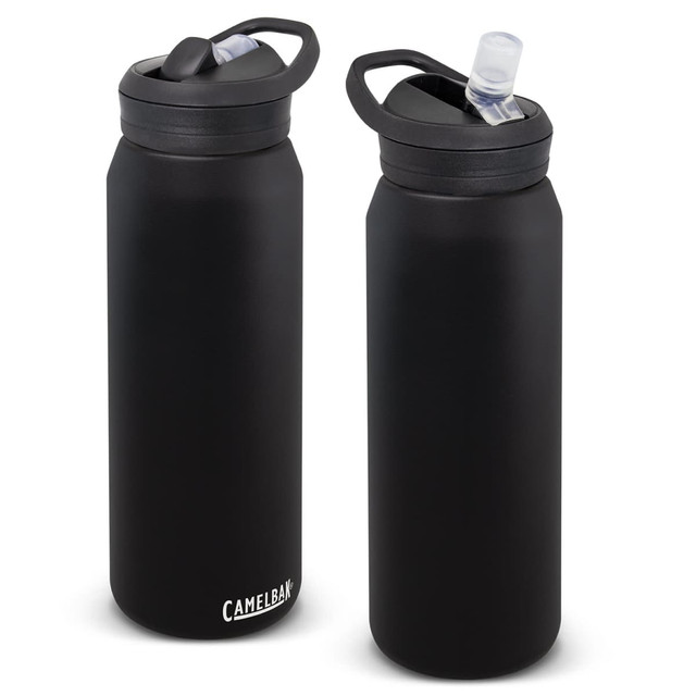 A drink bottle in matte black with a spout and a carry handle, featuring a logo on the side.