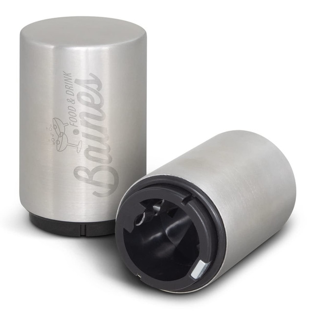 A drink bottle opener with a sleek silver design, featuring a black base and a logo on the side.