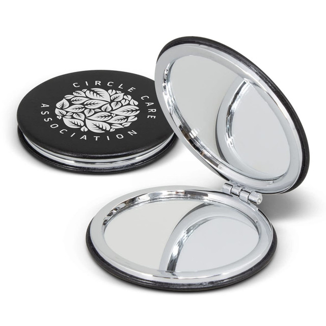A compact mirror with a black exterior and silver mirrors inside, featuring a logo on the lid.