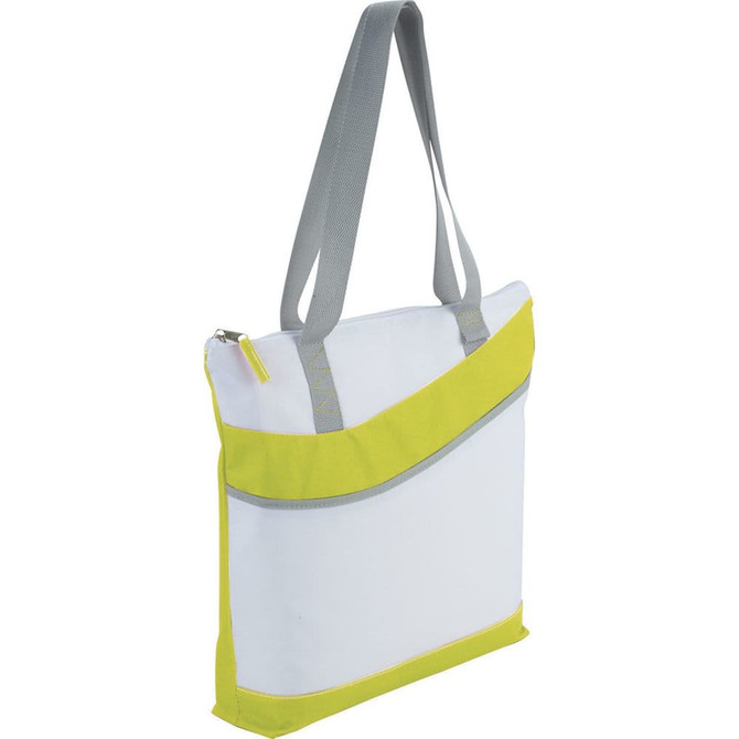 A zippered tote bag in white and bright yellow with grey straps and a logo. Features a spacious design for easy carrying.