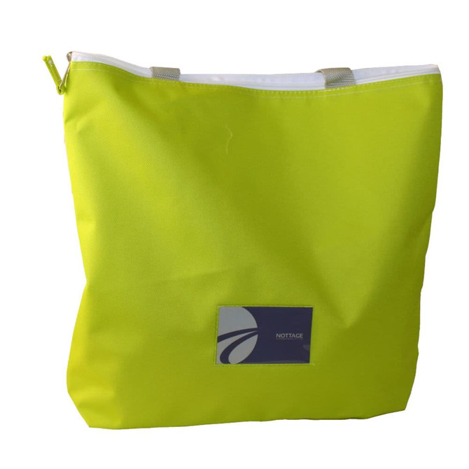 A bright lime green zippered tote bag with a white top and a logo on the front.
