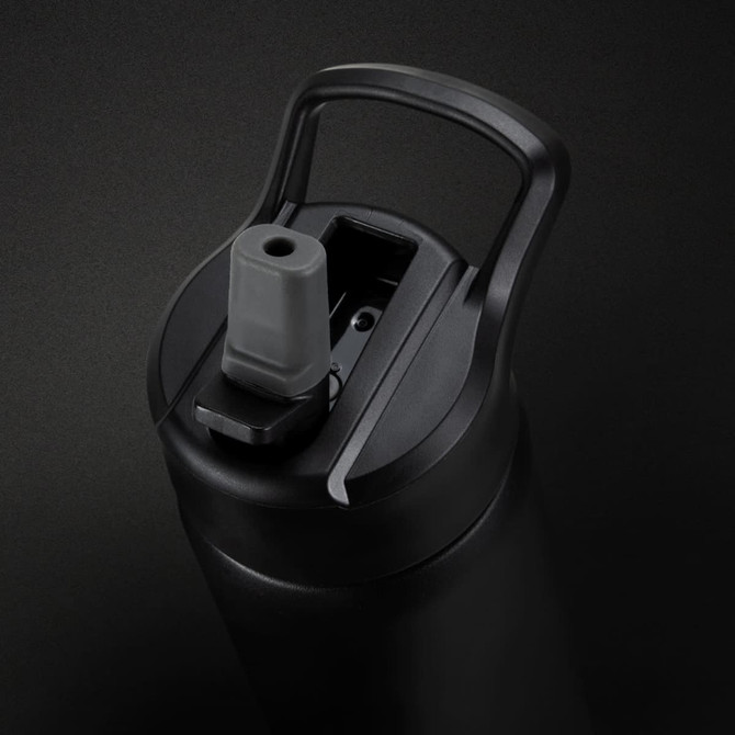A drink bottle in matte black featuring a spout and a sturdy handle, with a logo on the side.
