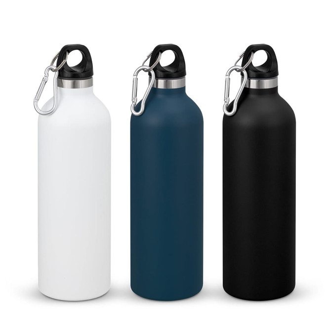 A drink bottle trio featuring white, teal, and black finishes, each with a carabiner cap and a logo.