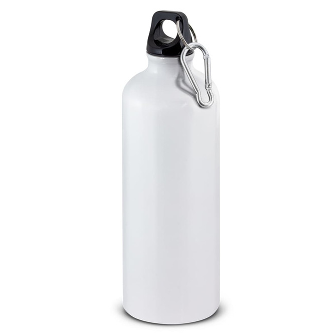 A drink bottle in white with a black cap and a carabiner clip for easy attachment.
