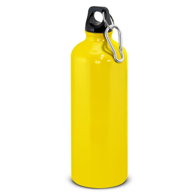 A drink bottle in bright yellow, made of metal with a black cap and a carabiner clip.