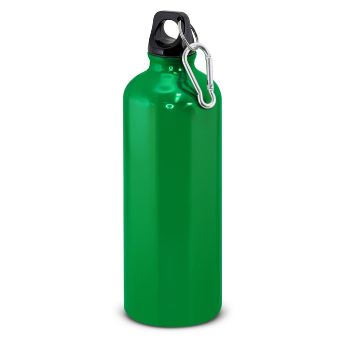A drink bottle in glossy green, featuring a black cap and a carabiner clip. It holds 800ml of liquid.