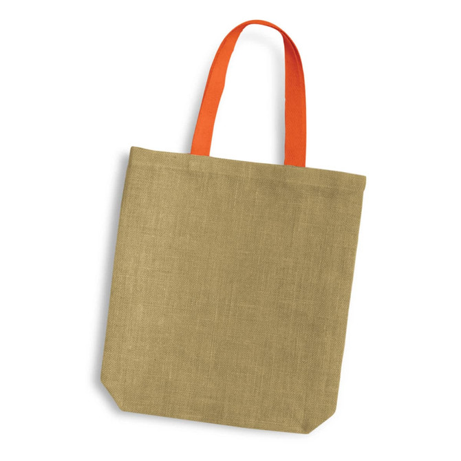 A jute tote bag in a natural colour with orange handles and a simple design, featuring a logo.