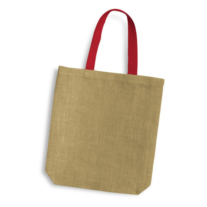 A jute tote bag in a natural beige colour with red handles. The bag features a simple design and a logo.