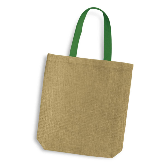 A jute tote bag in a natural brown colour with green handles and a simple design. Features a logo.