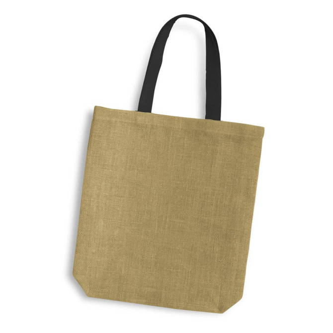 A jute tote bag with coloured black handles, featuring a textured natural finish.