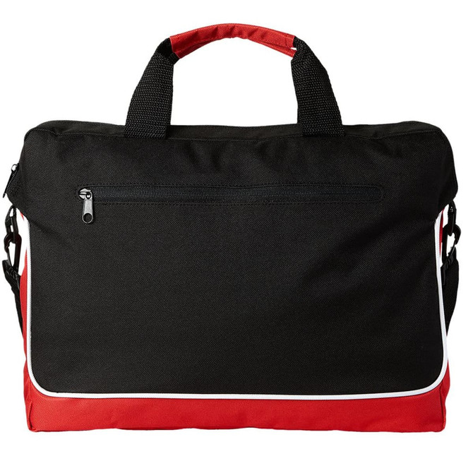 A black and red laptop bag with a zippered front pocket and dual carry handles. Features a logo on the side.