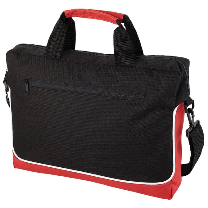 A black and red laptop bag with dual handles, a detachable shoulder strap, and a zipped front pocket.