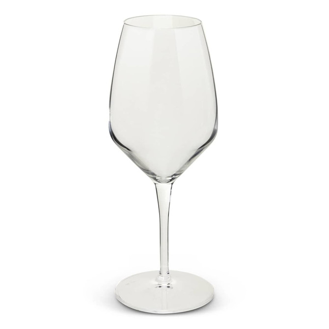 A clear, elegant 440ml wine glass with a slender stem and a wide bowl, featuring a simple logo on the base.