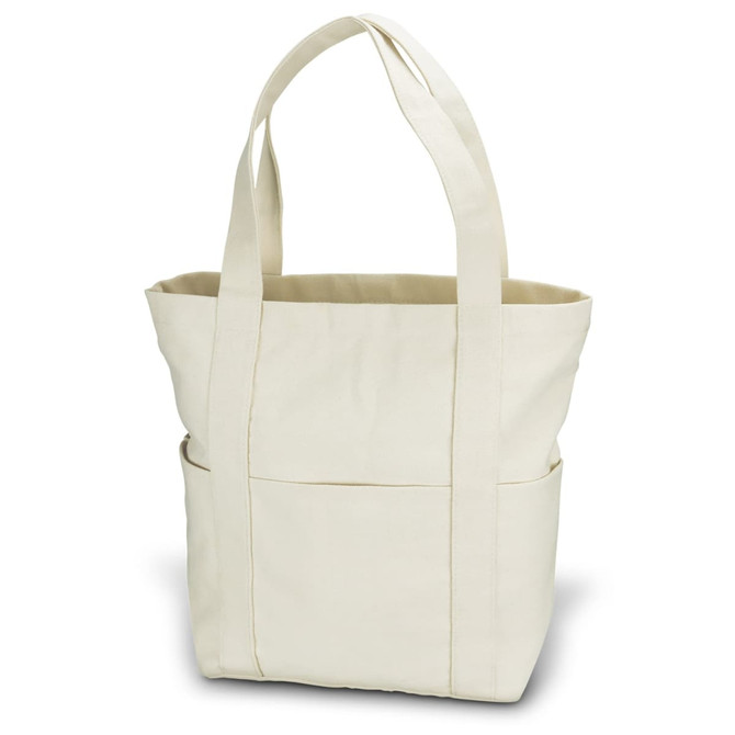 A beige canvas tote bag with two sturdy handles and an exterior pocket. It has a simple design and is unadorned.