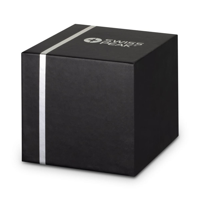 A black gift box featuring a logo, intended for the Swiss Peak Bass Speaker product.