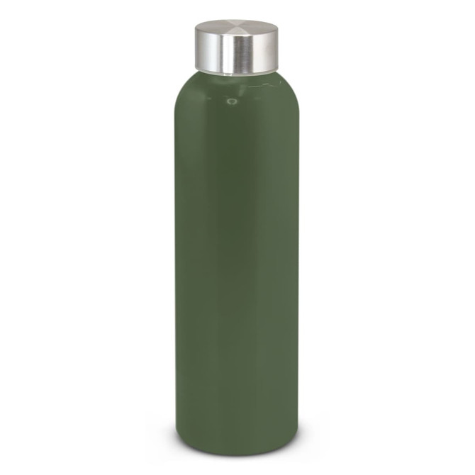 A drink bottle in a sleek dark green finish with a silver cap and a branded logo.