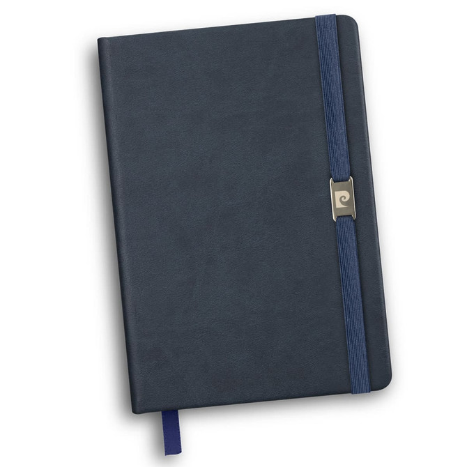 A navy blue notebook with a textured cover, an elastic band closure, and a bookmark ribbon. It has a branding logo.