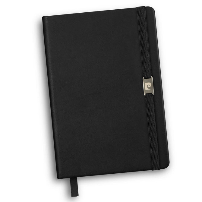A black notebook with a smooth cover, featuring an elastic band closure and a logo on the front.