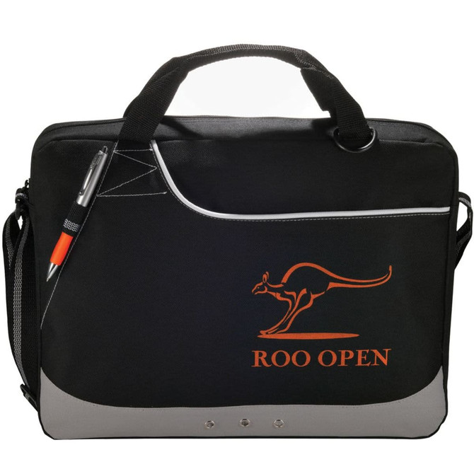 A black and grey laptop bag featuring an orange logo and a pen attached. Suitable for carrying laptops and accessories.