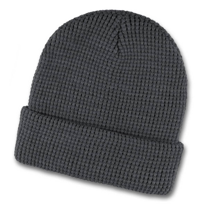 A dark grey waffle knit beanie with a folded cuff and textured design, featuring a logo.