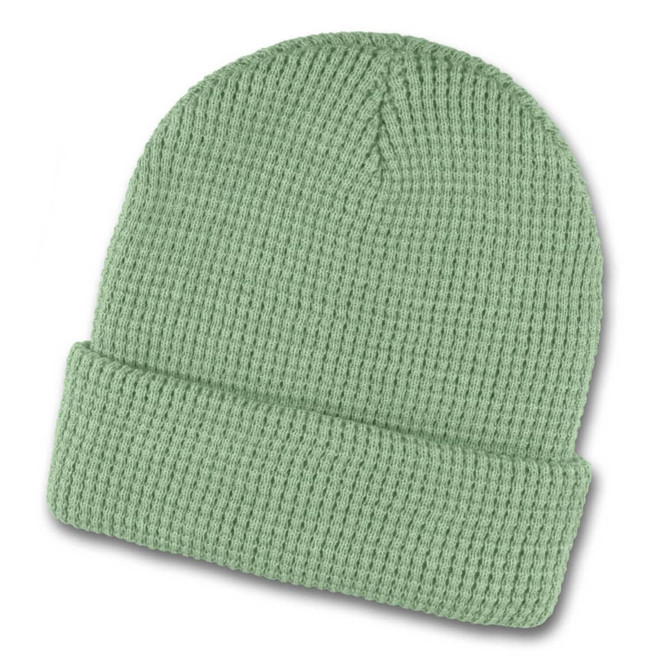 A green Galway Waffle Beanie with a textured knit design and a folded cuff. Features a logo.