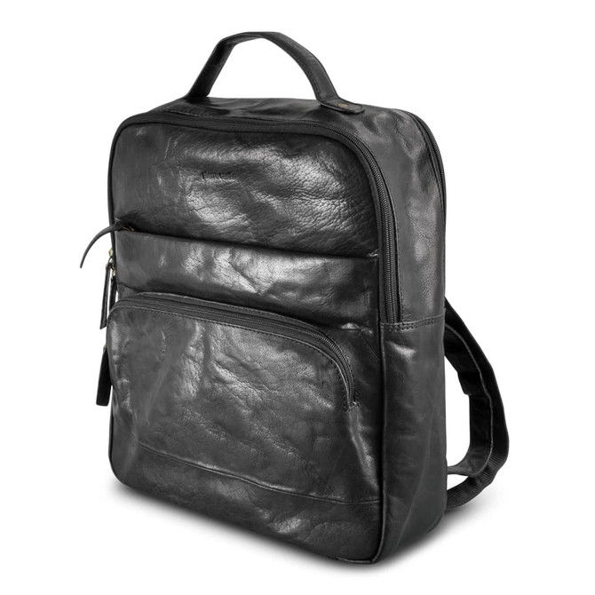A black leather backpack with a top handle and a front pocket, featuring adjustable straps on the back.