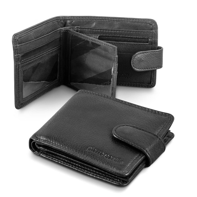 A black leather wallet featuring card slots and a coin compartment, with a logo detail.