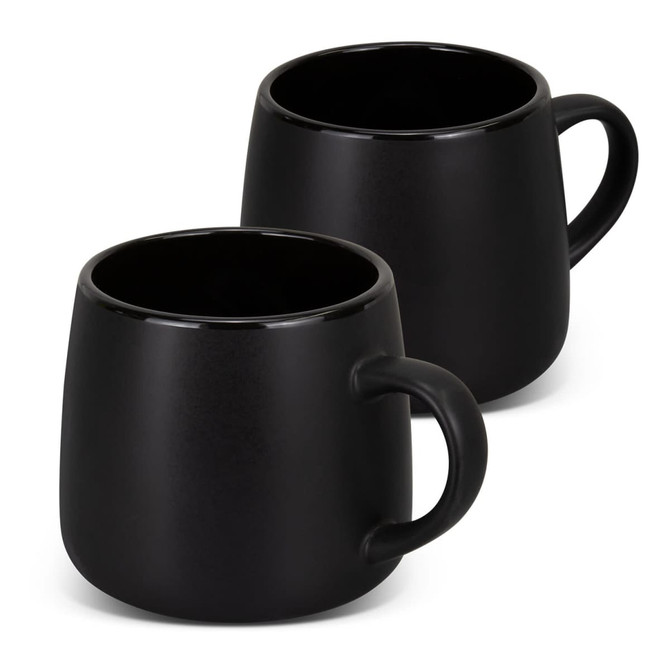 A set of two black coffee mugs with a smooth finish and rounded design. Each mug features a handle.