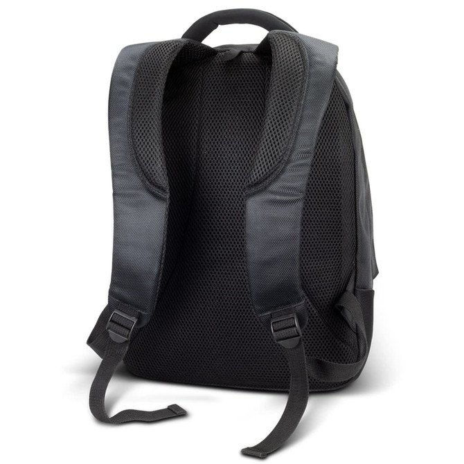 A black laptop backpack featuring padded, mesh shoulder straps and a spacious compartment design. It has a logo on the front.