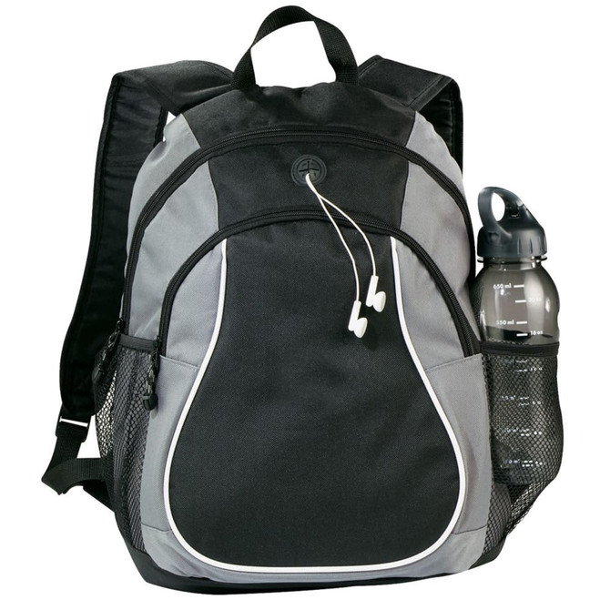 A black and grey backpack featuring a side pocket with a drink bottle and earphones attached.