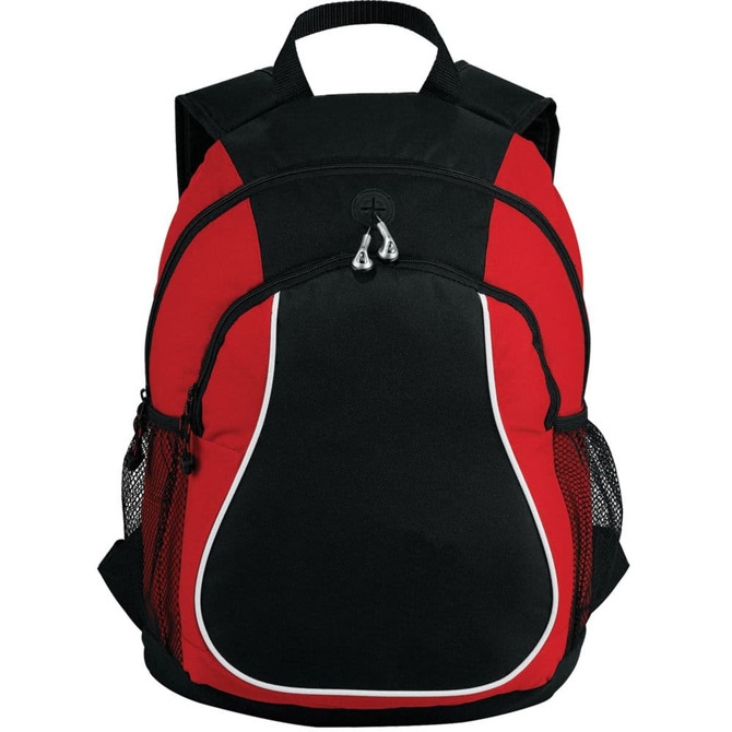 A red and black backpack with two side mesh pockets and a logo at the front.