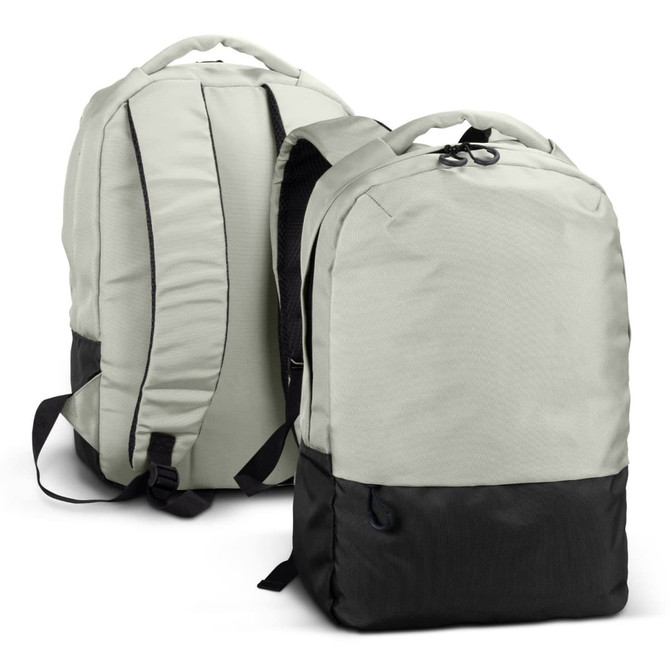 A light grey and black laptop backpack with a logo, featuring padded straps and a sleek design.