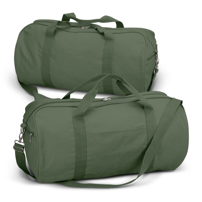 Two olive green canvas duffle bags with zipper closures and adjustable straps, featuring a logo on one bag.