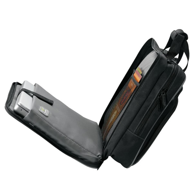 A laptop bag in black, featuring a zippered opening and inner compartments for organisation. It has a logo on the exterior.