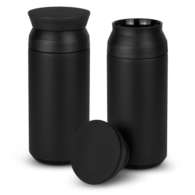 A drink bottle set featuring two sleek, black vacuum cups with matching lids. One lid is placed upside down.